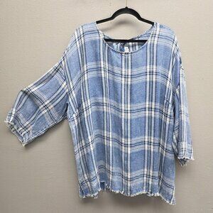 Tribal Jeans Shirt Womens 3X Blue Plaid Frayed Hem 3/4 Sleeve Tunic Boho Top